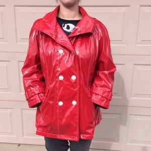 Red black rivet rain jacket.